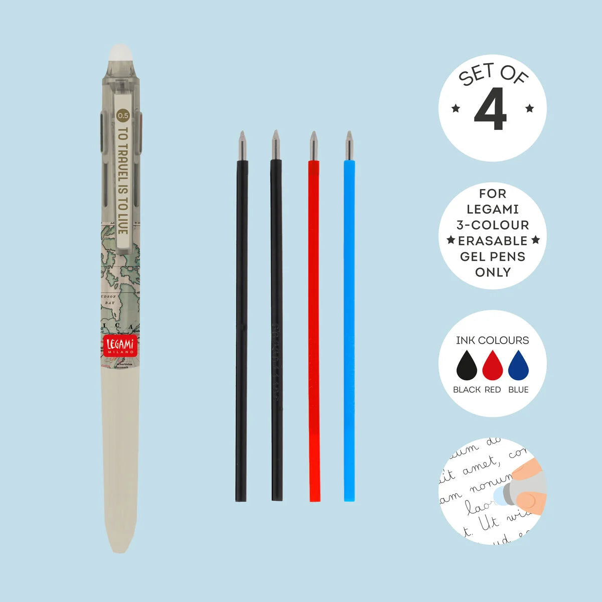 Make Mistakes Refills - Set de 4 recharges pour stylo à encre gel effaçable 3 couleurs Legami 